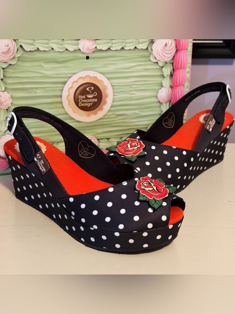 Hot Chocolate Design Rockabilly Rose Wedge Peep Toe Sandals Shoes Black Dot